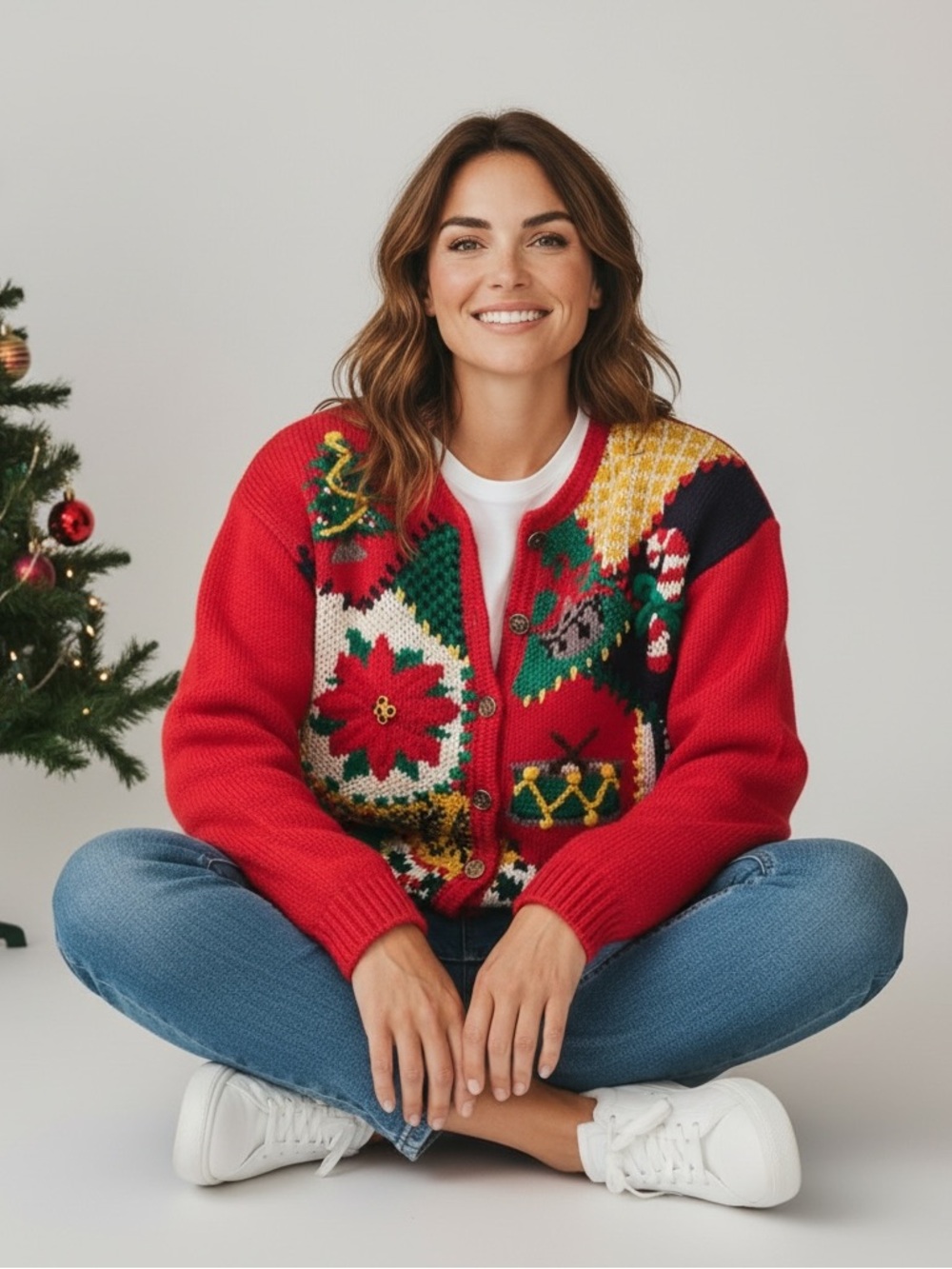 Vintage Appleseed’s Christmas Patchwork Hand-knit Cardigan Sweater Wom. Medium